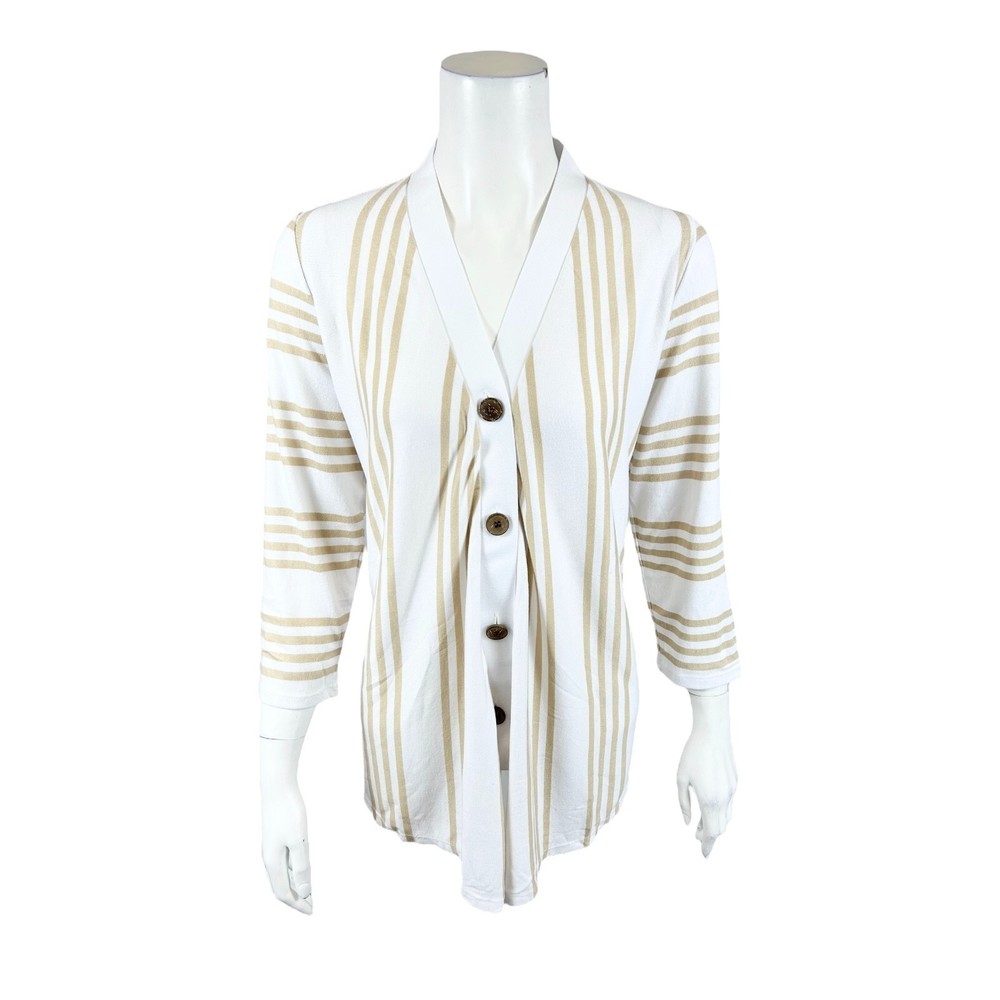 Susan Graver Weekend Striped Light Sweater Knit Cardigan Top Sandy Medium Size